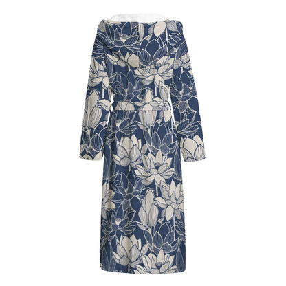 White And Blue Lotus Flower Print Hooded Bathrobe
