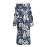 White And Blue Lotus Flower Print Hooded Bathrobe