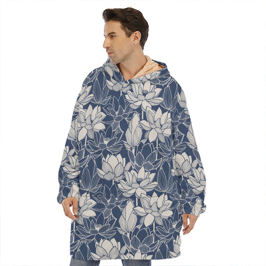 White And Blue Lotus Flower Print Hoodie Blanket