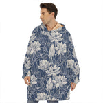 White And Blue Lotus Flower Print Hoodie Blanket