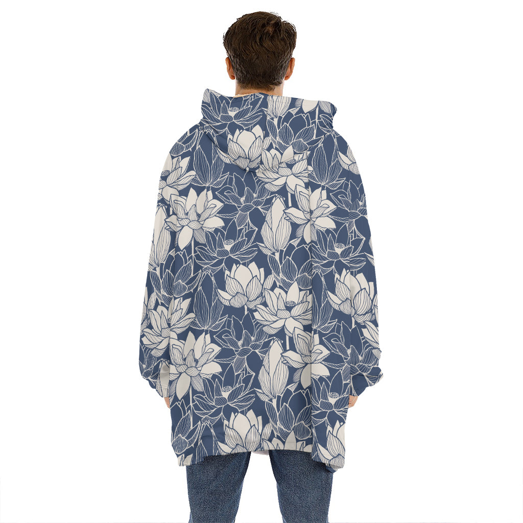 White And Blue Lotus Flower Print Hoodie Blanket