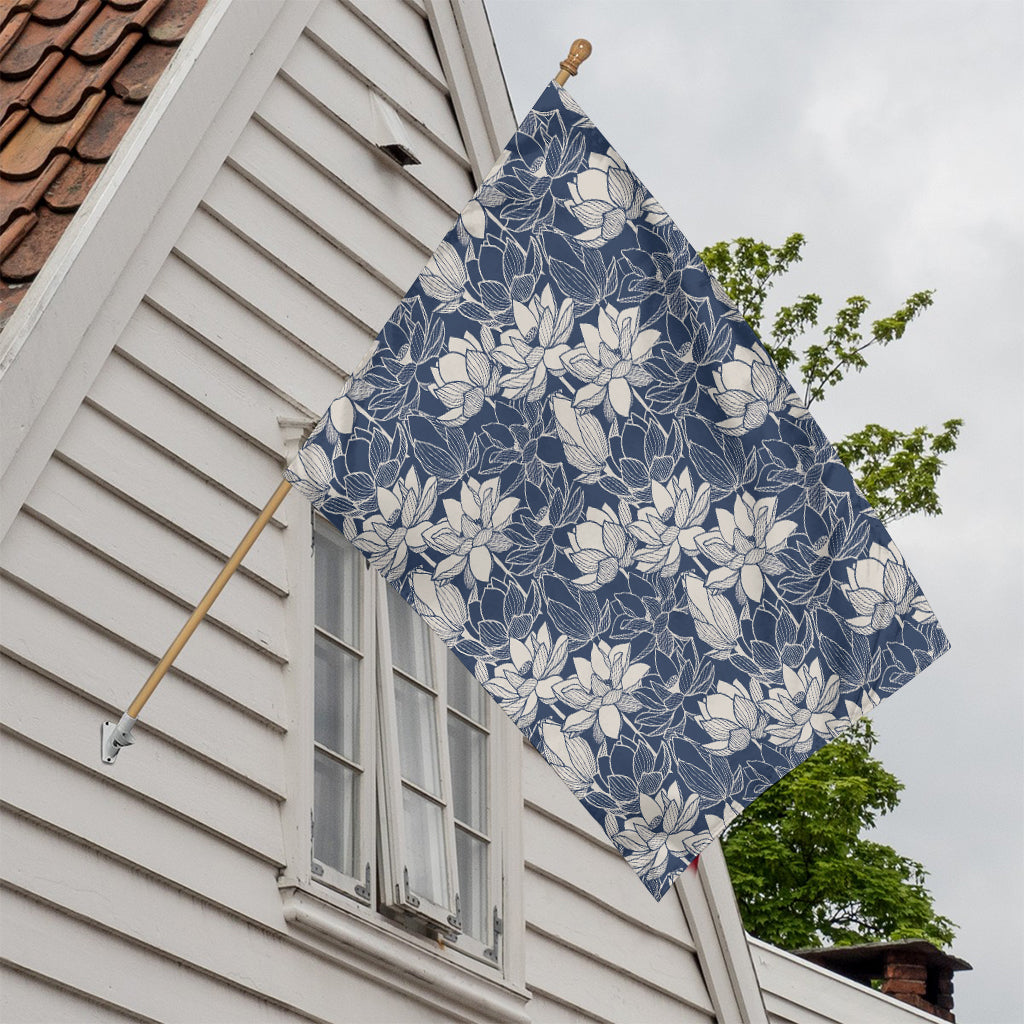 White And Blue Lotus Flower Print House Flag