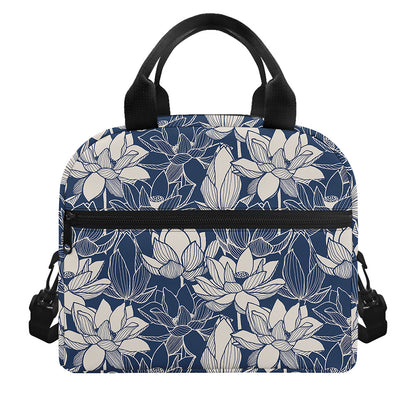 White And Blue Lotus Flower Print Insulated Lunch Bag
