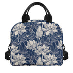 White And Blue Lotus Flower Print Insulated Lunch Bag