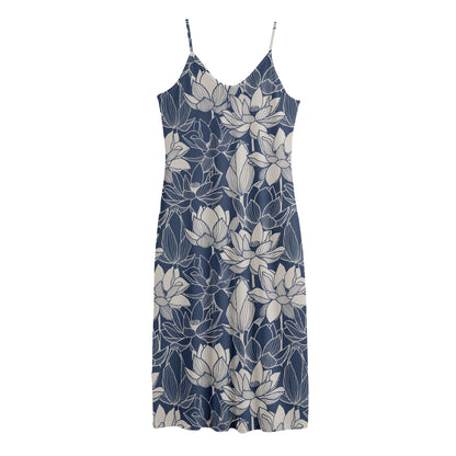 White And Blue Lotus Flower Print Jersey Midi Cami Dress