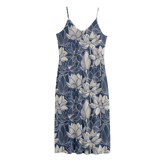 White And Blue Lotus Flower Print Jersey Midi Cami Dress