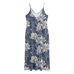 White And Blue Lotus Flower Print Jersey Midi Cami Dress
