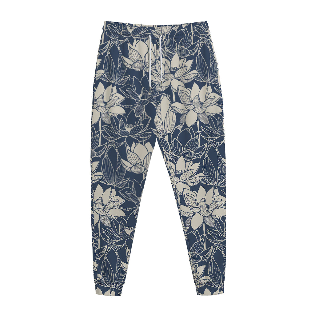 White And Blue Lotus Flower Print Jogger Pants