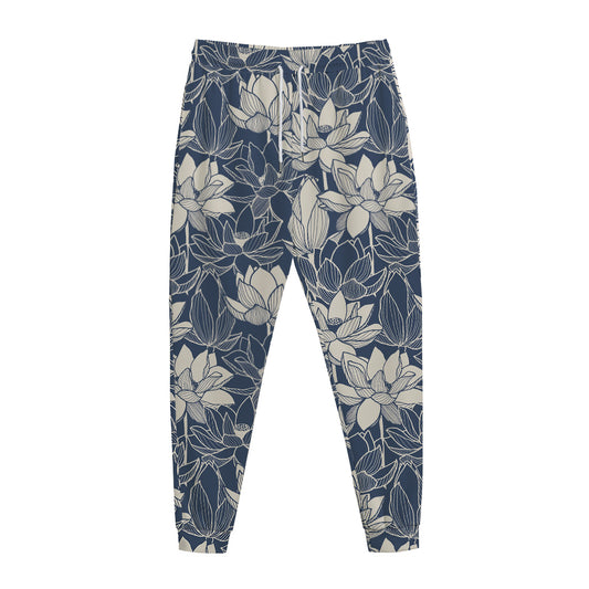 White And Blue Lotus Flower Print Jogger Pants