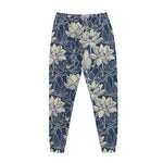 White And Blue Lotus Flower Print Jogger Pants