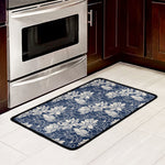 White And Blue Lotus Flower Print Kitchen Mat