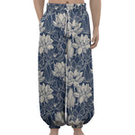 White And Blue Lotus Flower Print Lantern Pants
