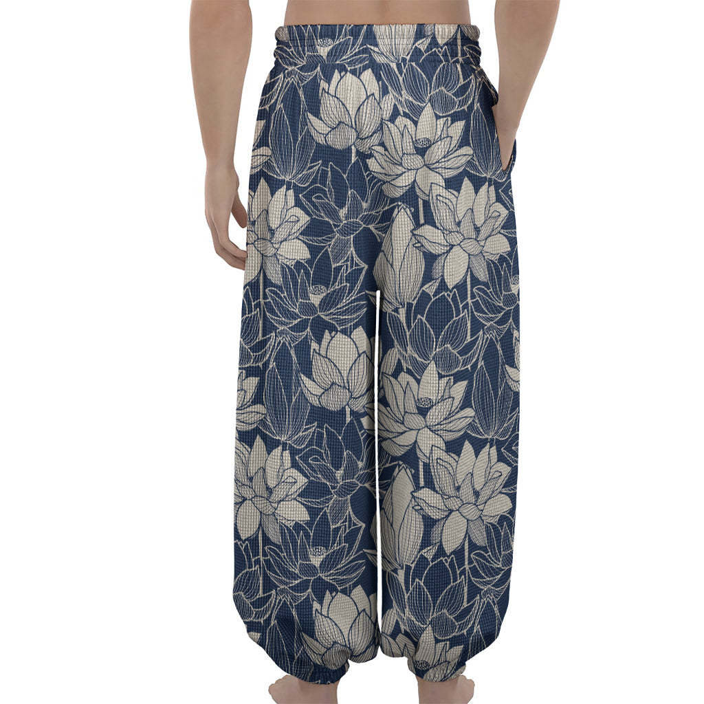 White And Blue Lotus Flower Print Lantern Pants