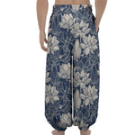 White And Blue Lotus Flower Print Lantern Pants