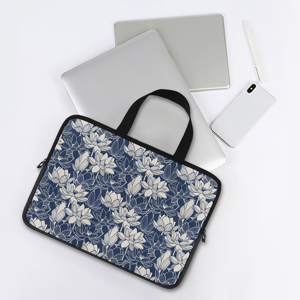 White And Blue Lotus Flower Print Laptop Sleeve With Handle