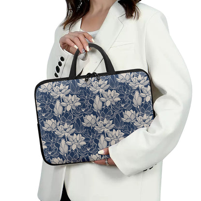 White And Blue Lotus Flower Print Laptop Sleeve With Handle