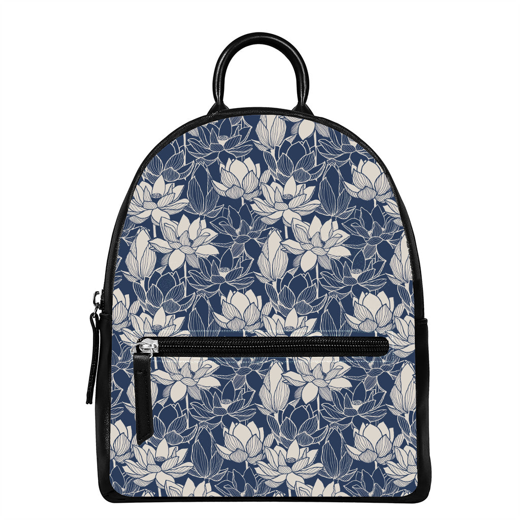 White And Blue Lotus Flower Print Leather Backpack