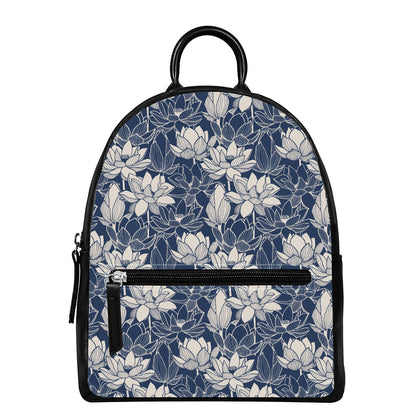 White And Blue Lotus Flower Print Leather Backpack