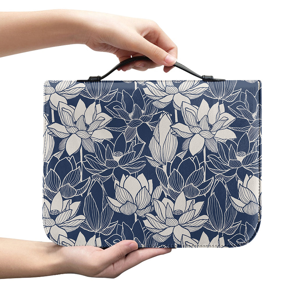 White And Blue Lotus Flower Print Leather Bible Cover