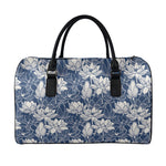 White And Blue Lotus Flower Print Leather Duffle Bag