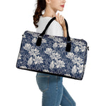 White And Blue Lotus Flower Print Leather Duffle Bag