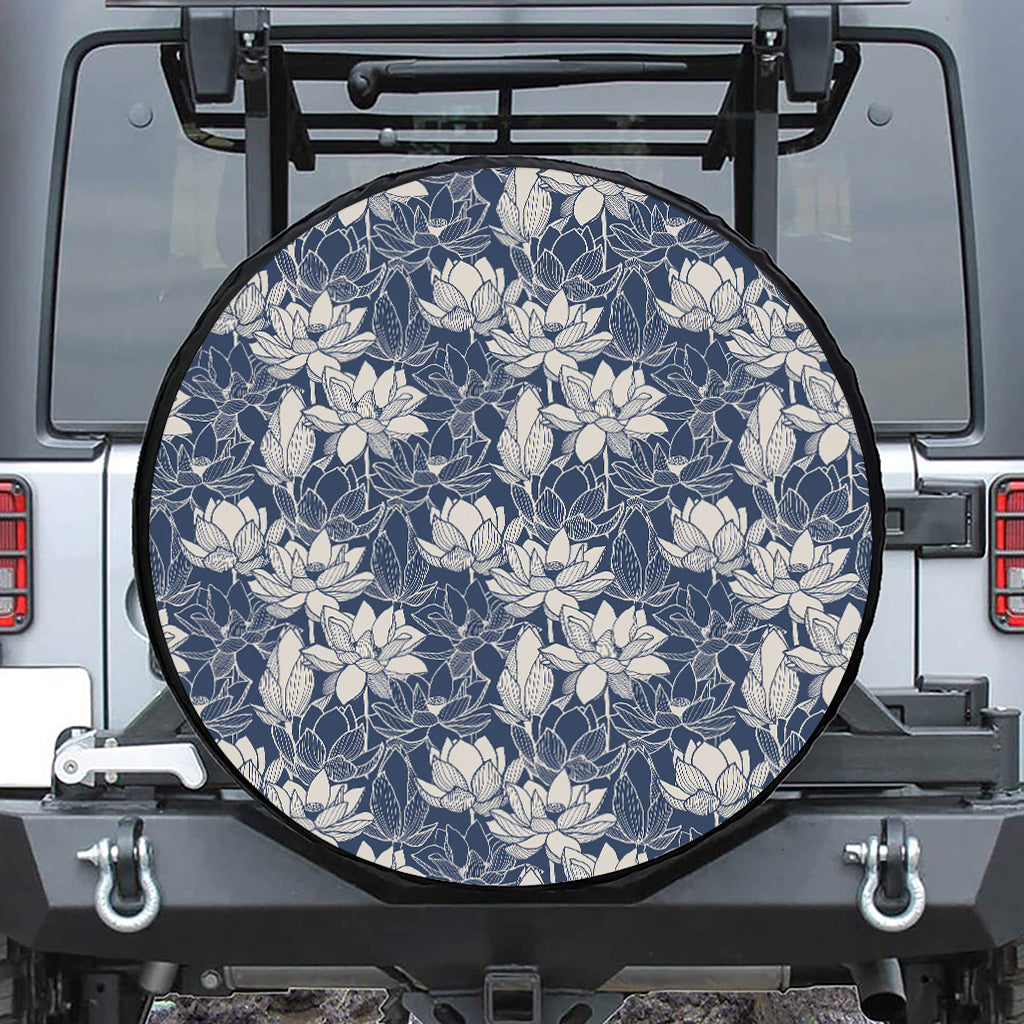 White And Blue Lotus Flower Print Leather Spare Tire Cover