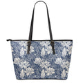 White And Blue Lotus Flower Print Leather Tote Bag With Zipper