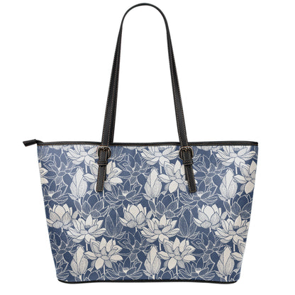White And Blue Lotus Flower Print Leather Tote Bag