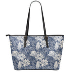 White And Blue Lotus Flower Print Leather Tote Bag