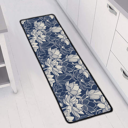 White And Blue Lotus Flower Print Long Kitchen Mat