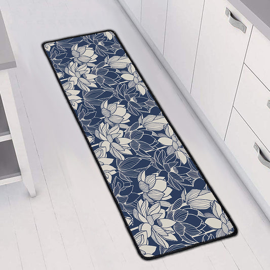 White And Blue Lotus Flower Print Long Kitchen Mat