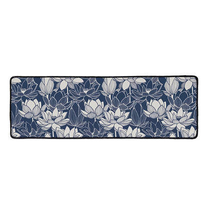 White And Blue Lotus Flower Print Long Kitchen Mat