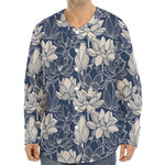 White And Blue Lotus Flower Print Long Sleeve Baseball Jersey