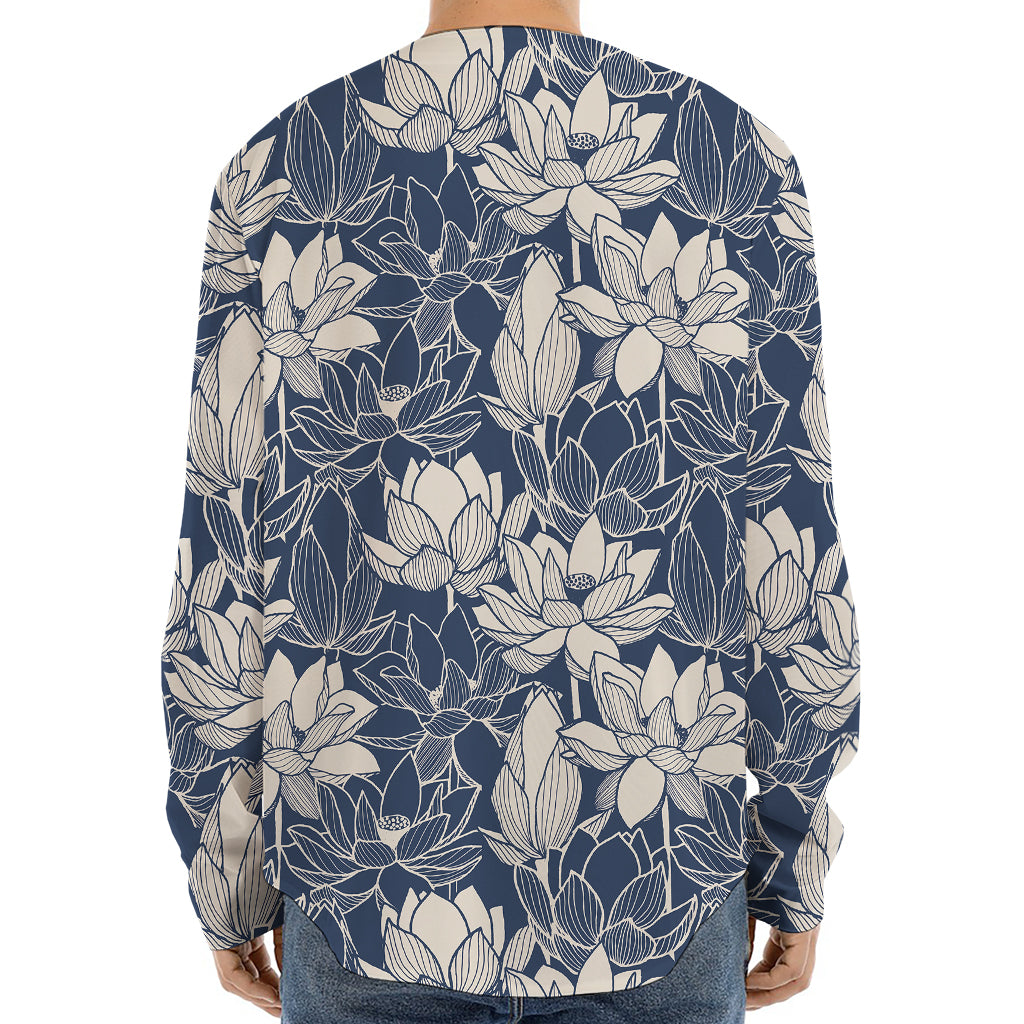 White And Blue Lotus Flower Print Long Sleeve Baseball Jersey