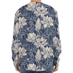 White And Blue Lotus Flower Print Long Sleeve Baseball Jersey