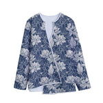 White And Blue Lotus Flower Print Long Sleeve Short Coat