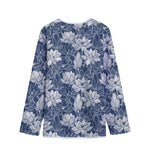 White And Blue Lotus Flower Print Long Sleeve Short Coat