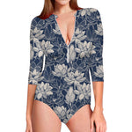 White And Blue Lotus Flower Print Long Sleeve Swimsuit