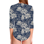 White And Blue Lotus Flower Print Long Sleeve Swimsuit