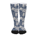 White And Blue Lotus Flower Print Long Socks