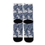 White And Blue Lotus Flower Print Long Socks