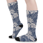 White And Blue Lotus Flower Print Long Socks