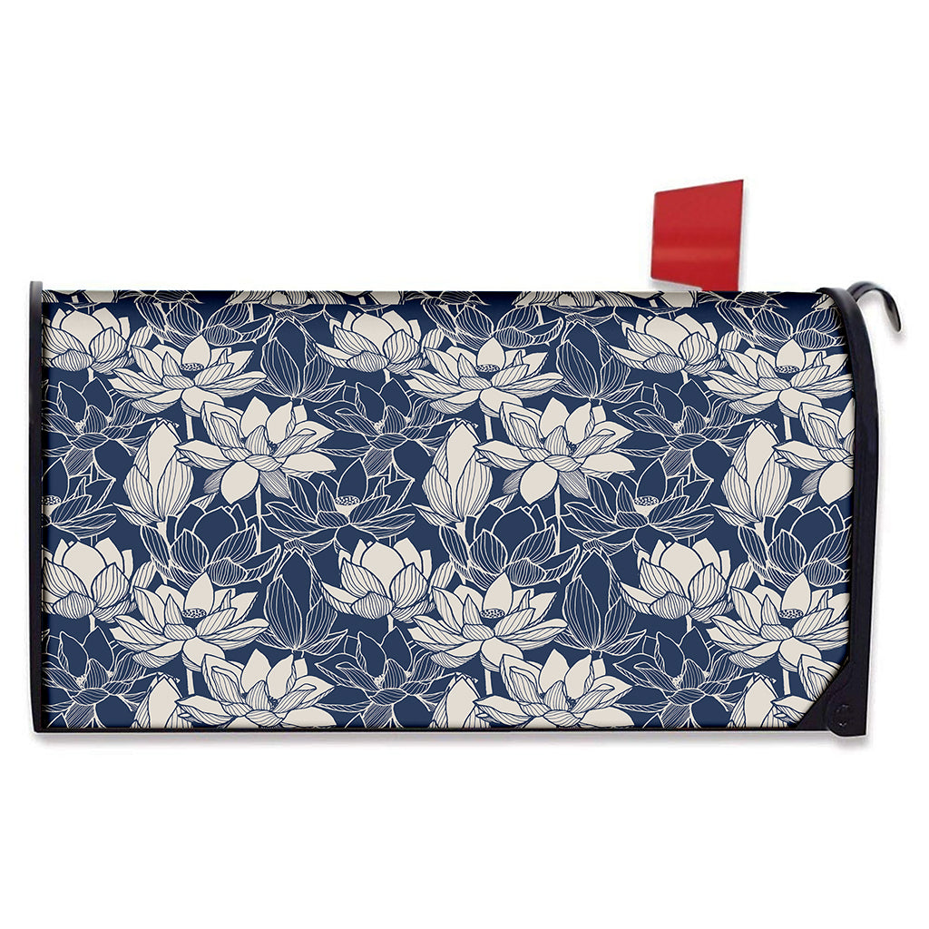 White And Blue Lotus Flower Print Mailbox Cover