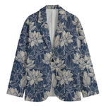 White And Blue Lotus Flower Print Men's Blazer