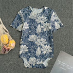 White And Blue Lotus Flower Print Men's Bodysuit