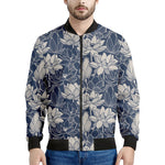 White And Blue Lotus Flower Print Men's Bomber Jacket