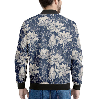 White And Blue Lotus Flower Print Men's Bomber Jacket