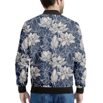 White And Blue Lotus Flower Print Men's Bomber Jacket