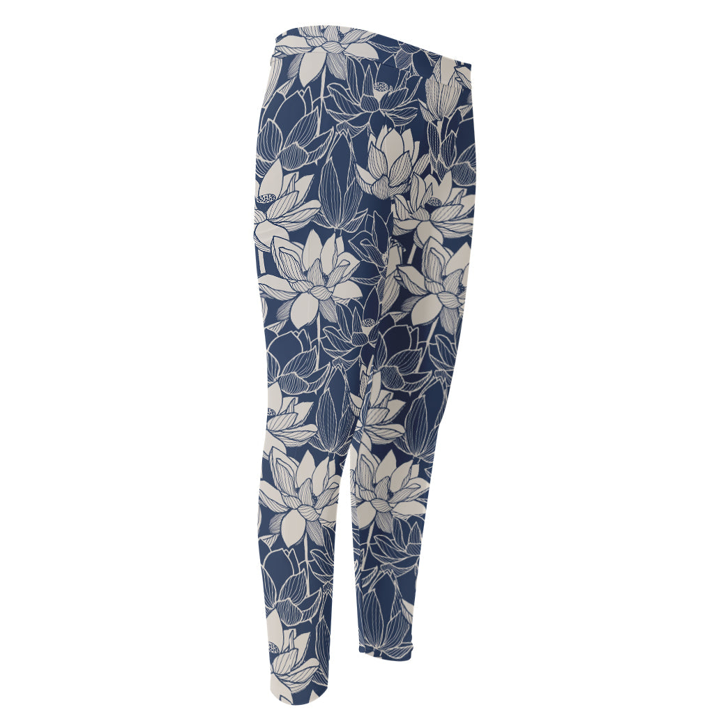 White And Blue Lotus Flower Print Men's Compression Pants