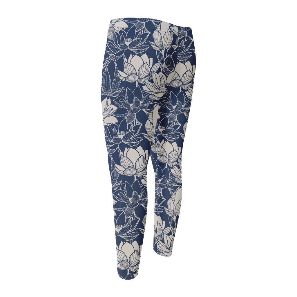 White And Blue Lotus Flower Print Men's Compression Pants